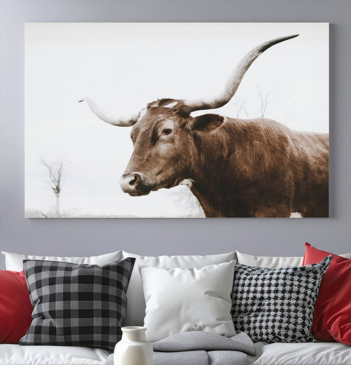 Rustic Cow Longhorn Bull Canvas Wall Art - Majestic Bull Animal Photography Print for Living Room, Office, or Ranch-Style Decor, Ready to Hang Print