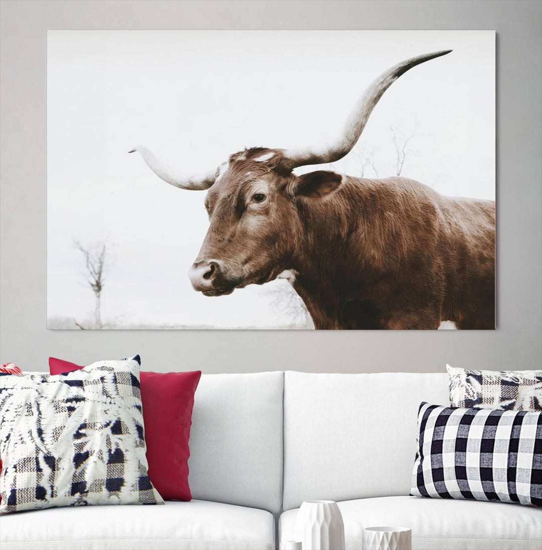 Rustic Cow Longhorn Bull Canvas Wall Art - Majestic Bull Animal Photography Print for Living Room, Office, or Ranch-Style Decor, Ready to Hang Print