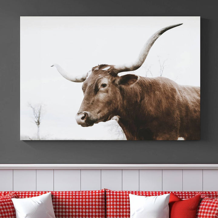 Rustic Cow Longhorn Bull Canvas Wall Art - Majestic Bull Animal Photography Print for Living Room, Office, or Ranch-Style Decor, Ready to Hang Print