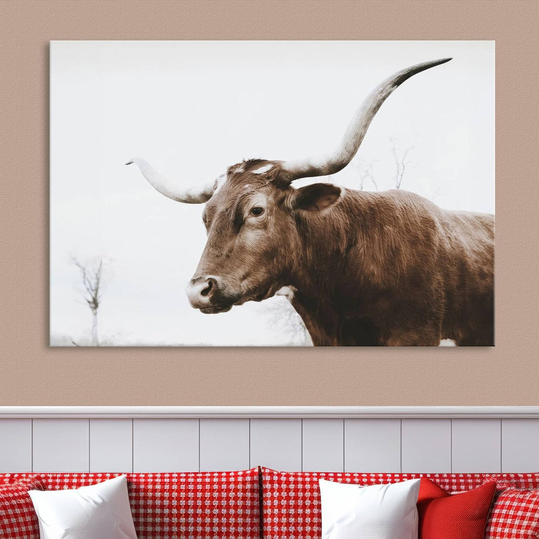 Rustic Cow Longhorn Bull Canvas Wall Art - Majestic Bull Animal Photography Print for Living Room, Office, or Ranch-Style Decor, Ready to Hang Print