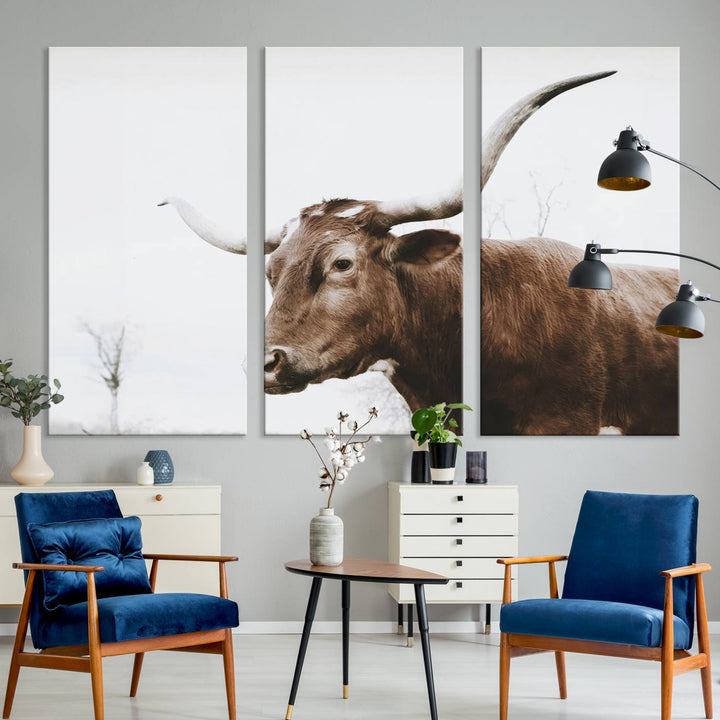 Rustic Cow Longhorn Bull Canvas Wall Art - Majestic Bull Animal Photography Print for Living Room, Office, or Ranch-Style Decor, Ready to Hang Print