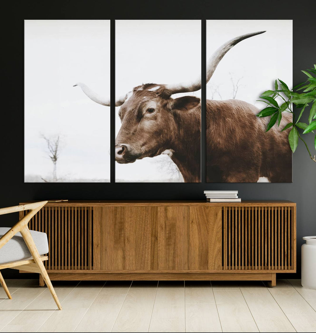 Rustic Cow Longhorn Bull Canvas Wall Art - Majestic Bull Animal Photography Print for Living Room, Office, or Ranch-Style Decor, Ready to Hang Print