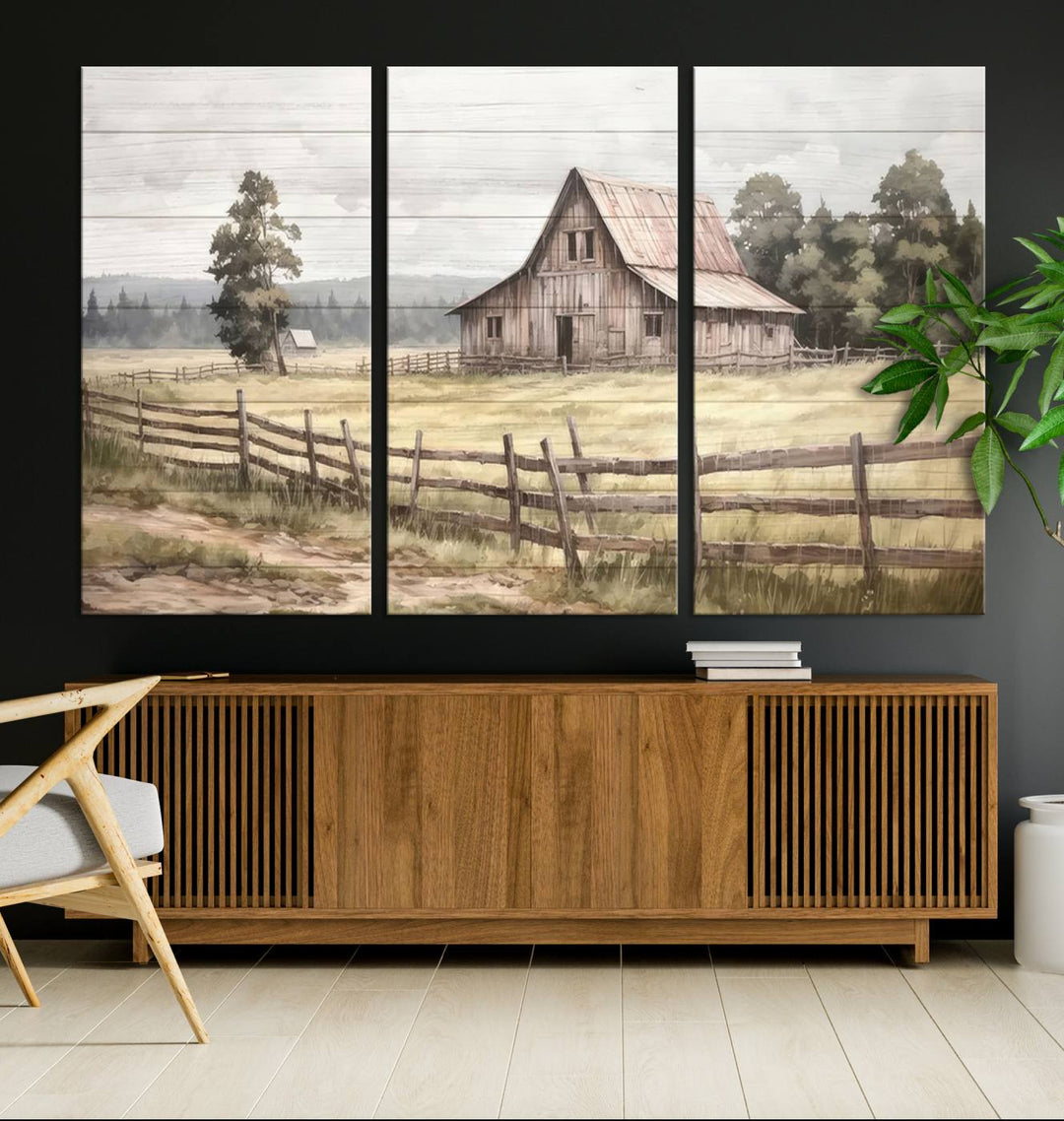 Rustic Farmhouse Canvas Wall Art - Country Landscape with Weathered Barn and Fence, 3 Panel Farmhouse Decor for Living Room, Bedroom, or Office