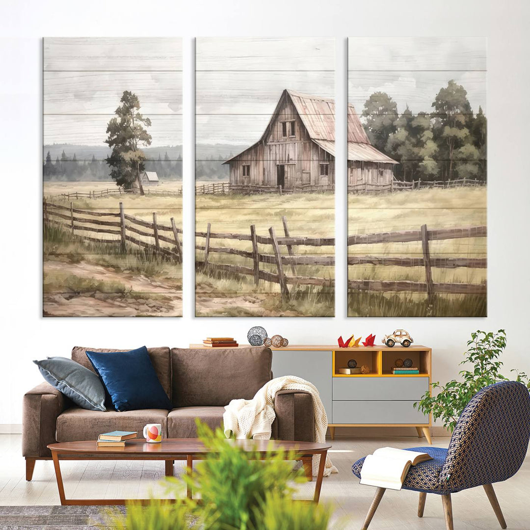 Rustic Farmhouse Canvas Wall Art - Country Landscape with Weathered Barn and Fence, 3 Panel Farmhouse Decor for Living Room, Bedroom, or Office