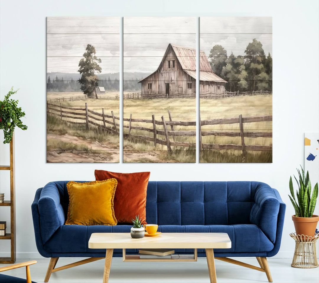 Rustic Farmhouse Canvas Wall Art - Country Landscape with Weathered Barn and Fence, 3 Panel Farmhouse Decor for Living Room, Bedroom, or Office