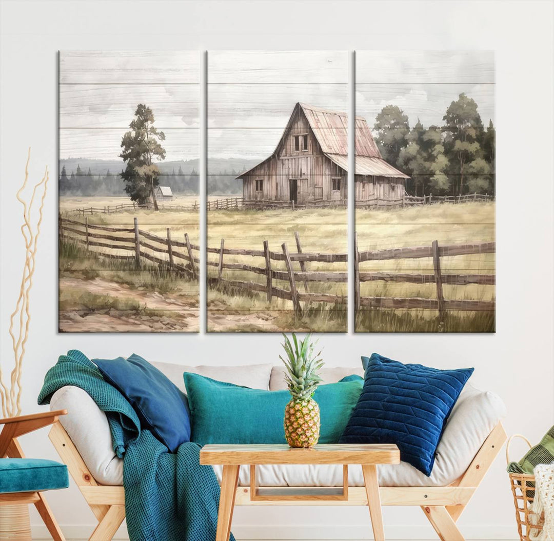 Rustic Farmhouse Canvas Wall Art - Country Landscape with Weathered Barn and Fence, 3 Panel Farmhouse Decor for Living Room, Bedroom, or Office