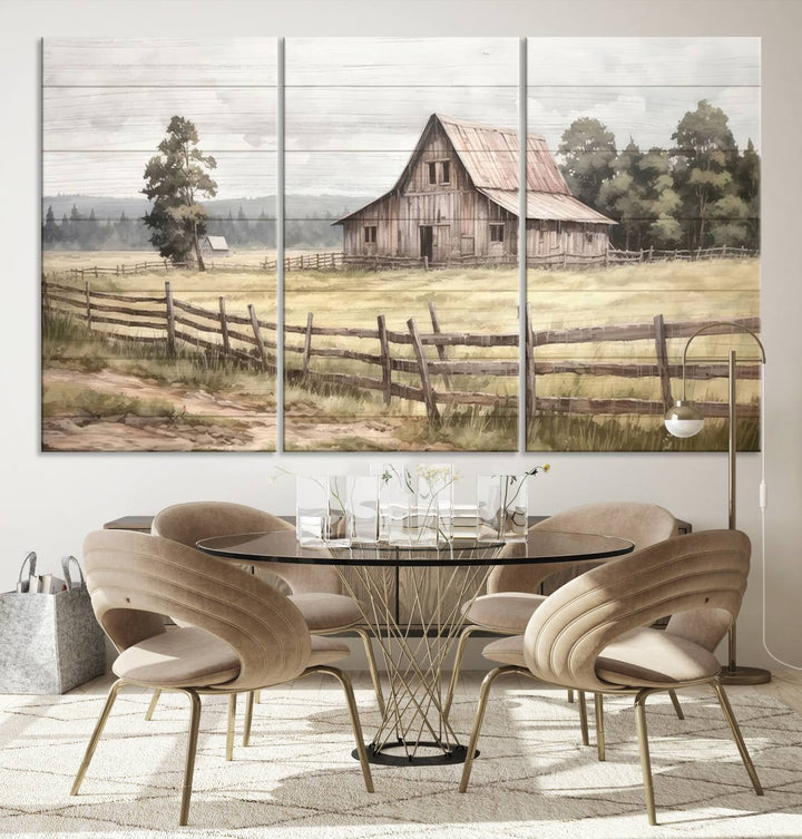 Rustic Farmhouse Canvas Wall Art - Country Landscape with Weathered Barn and Fence, 3 Panel Farmhouse Decor for Living Room, Bedroom, or Office