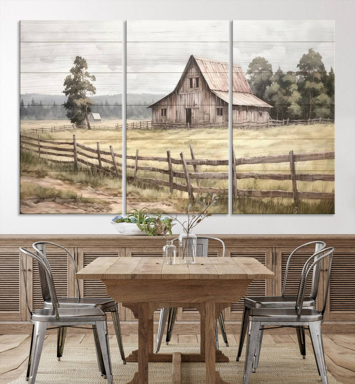 Rustic Farmhouse Canvas Wall Art - Country Landscape with Weathered Barn and Fence, 3 Panel Farmhouse Decor for Living Room, Bedroom, or Office