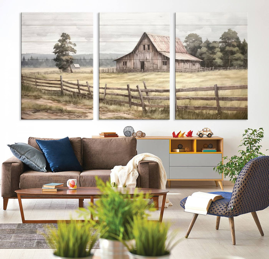 Rustic Farmhouse Canvas Wall Art - Country Landscape with Weathered Barn and Fence, 3 Panel Farmhouse Decor for Living Room, Bedroom, or Office