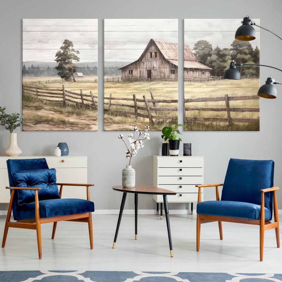 Rustic Farmhouse Canvas Wall Art - Country Landscape with Weathered Barn and Fence, 3 Panel Farmhouse Decor for Living Room, Bedroom, or Office