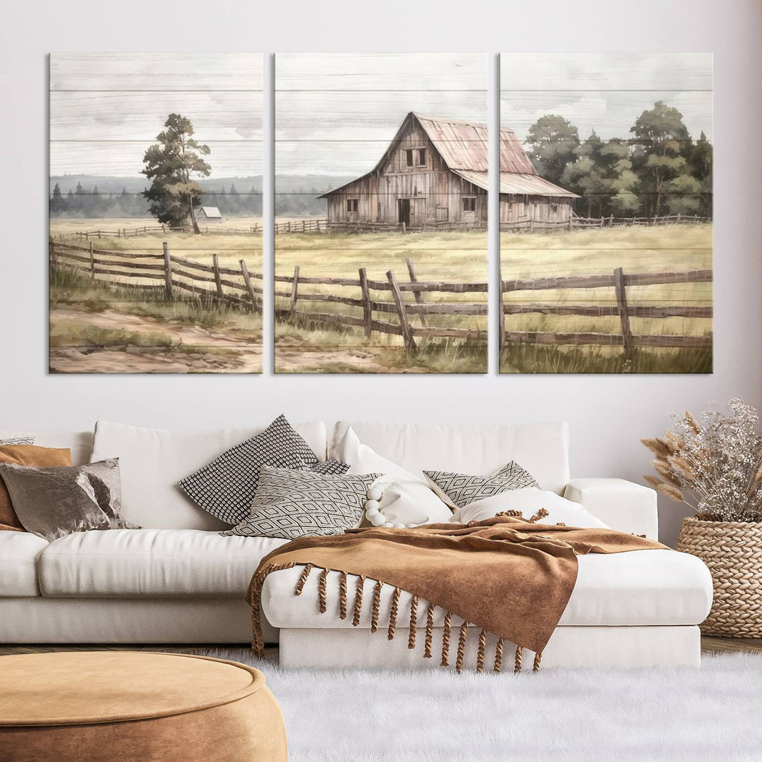 Rustic Farmhouse Canvas Wall Art - Country Landscape with Weathered Barn and Fence, 3 Panel Farmhouse Decor for Living Room, Bedroom, or Office