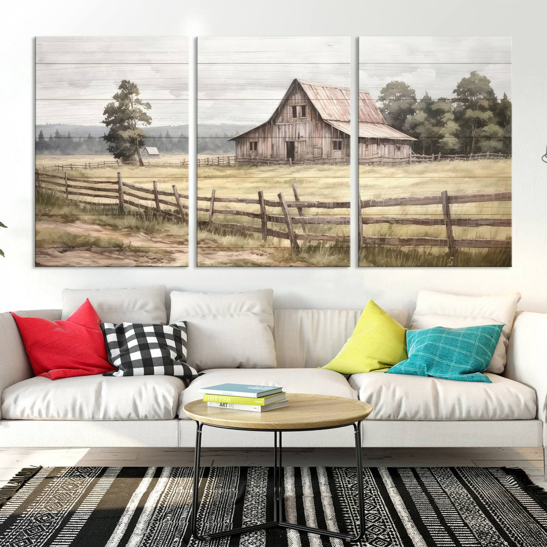 Rustic Farmhouse Canvas Wall Art - Country Landscape with Weathered Barn and Fence, 3 Panel Farmhouse Decor for Living Room, Bedroom, or Office