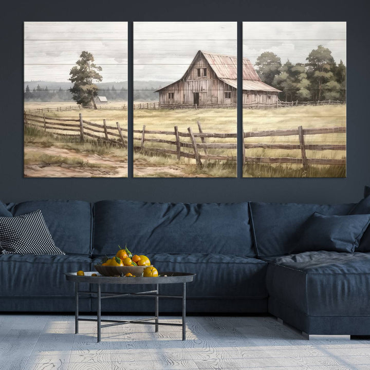 Rustic Farmhouse Canvas Wall Art - Country Landscape with Weathered Barn and Fence, 3 Panel Farmhouse Decor for Living Room, Bedroom, or Office