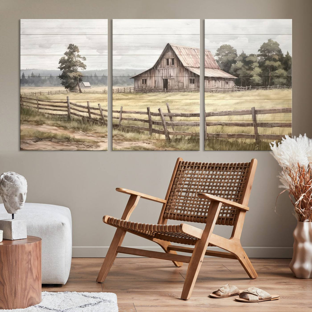 Rustic Farmhouse Canvas Wall Art - Country Landscape with Weathered Barn and Fence, 3 Panel Farmhouse Decor for Living Room, Bedroom, or Office