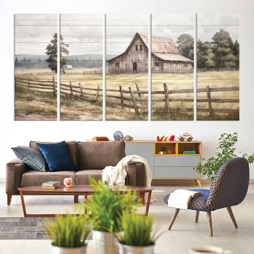 Rustic Farmhouse Canvas Wall Art - Country Landscape with Weathered Barn and Fence, 3 Panel Farmhouse Decor for Living Room, Bedroom, or Office