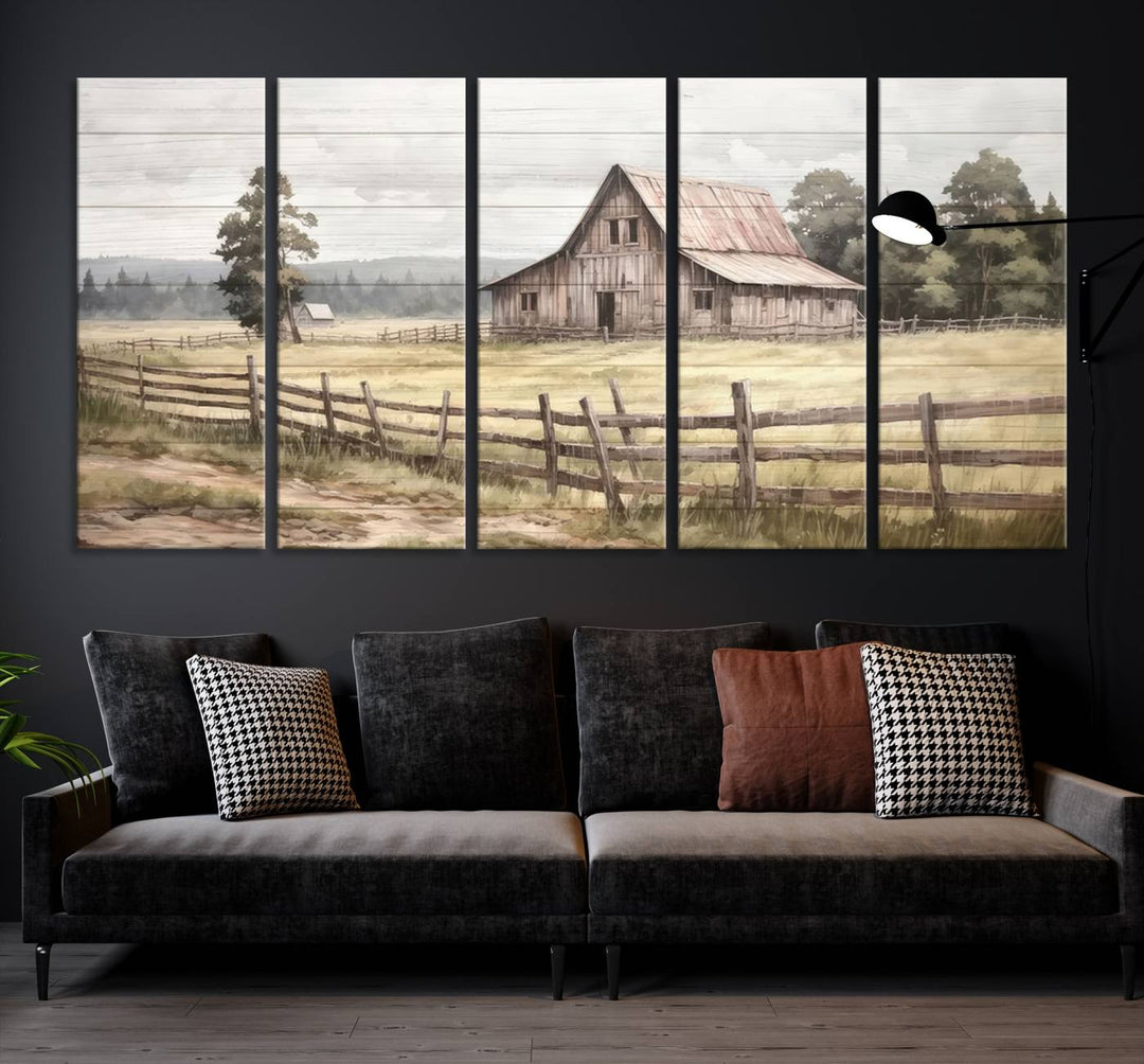 Rustic Farmhouse Canvas Wall Art - Country Landscape with Weathered Barn and Fence, 3 Panel Farmhouse Decor for Living Room, Bedroom, or Office