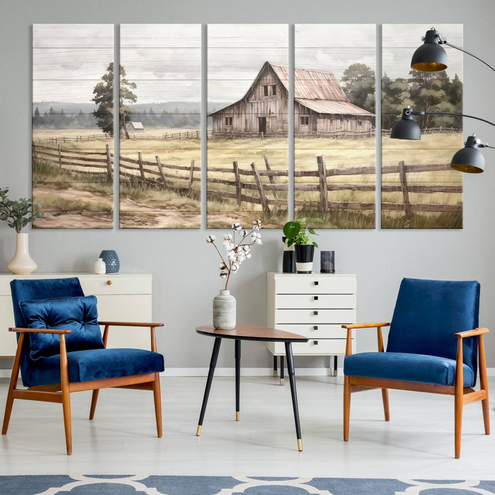 Rustic Farmhouse Canvas Wall Art - Country Landscape with Weathered Barn and Fence, 3 Panel Farmhouse Decor for Living Room, Bedroom, or Office