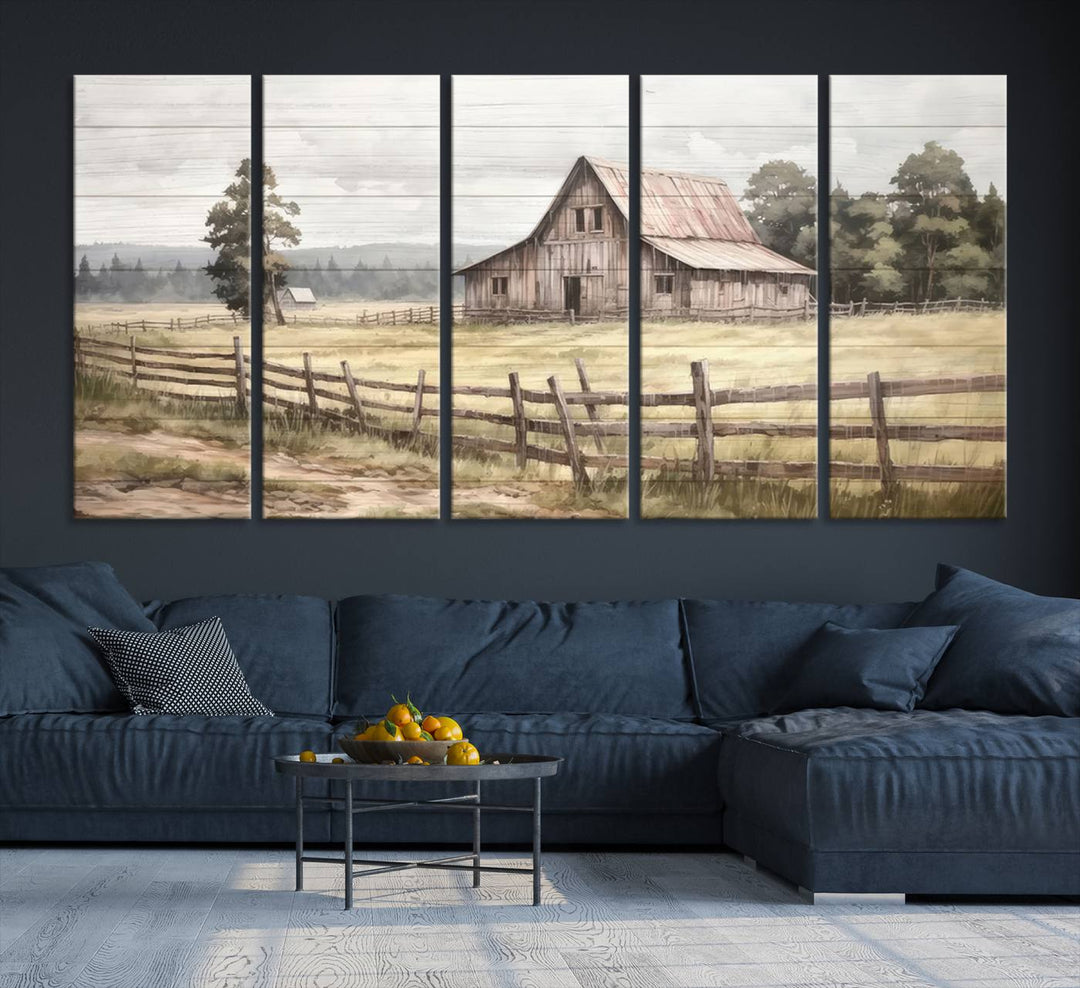 Rustic Farmhouse Canvas Wall Art - Country Landscape with Weathered Barn and Fence, 3 Panel Farmhouse Decor for Living Room, Bedroom, or Office