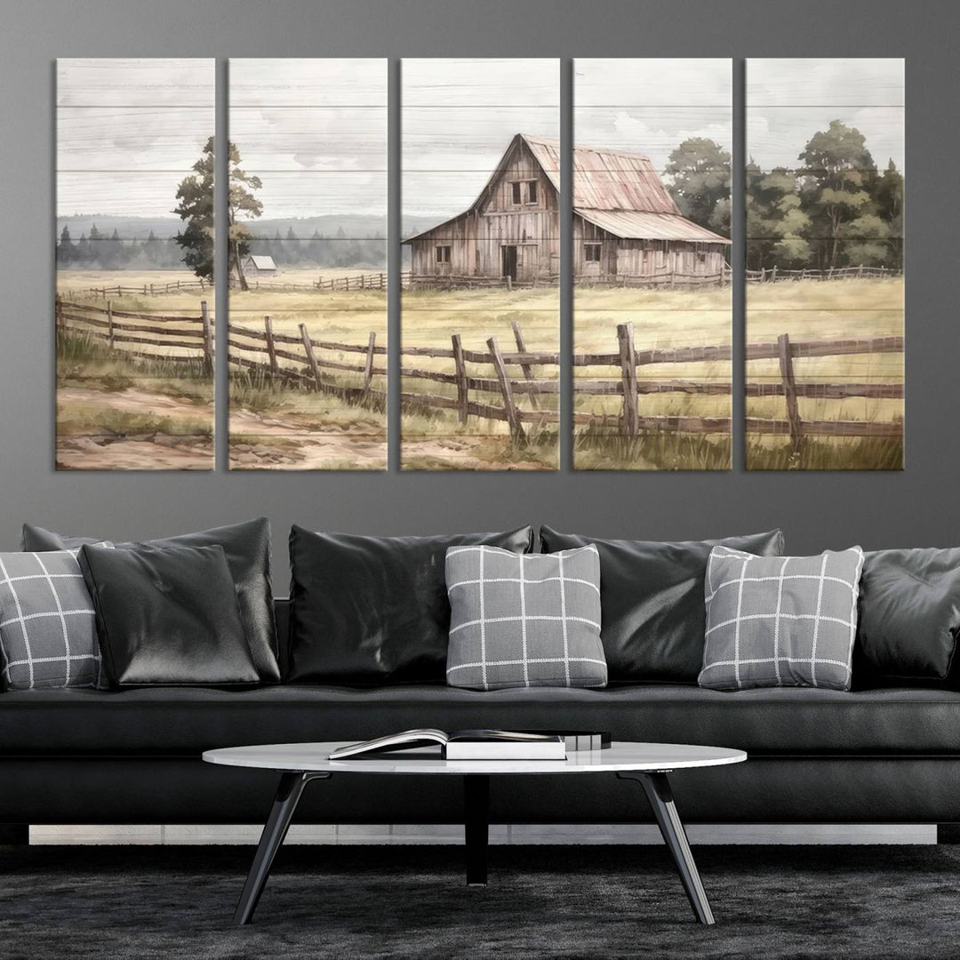 Rustic Farmhouse Canvas Wall Art - Country Landscape with Weathered Barn and Fence, 3 Panel Farmhouse Decor for Living Room, Bedroom, or Office