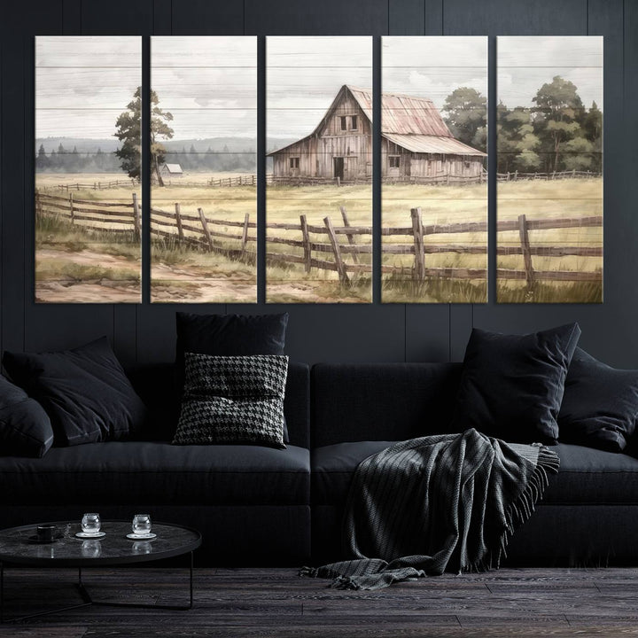 Rustic Farmhouse Canvas Wall Art - Country Landscape with Weathered Barn and Fence, 3 Panel Farmhouse Decor for Living Room, Bedroom, or Office