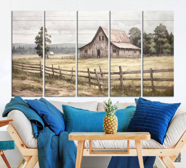 Rustic Farmhouse Canvas Wall Art - Country Landscape with Weathered Barn and Fence, 3 Panel Farmhouse Decor for Living Room, Bedroom, or Office