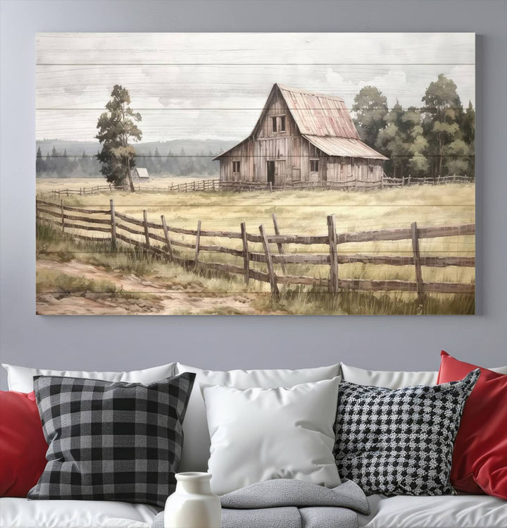 Rustic Farmhouse Canvas Wall Art - Country Landscape with Weathered Barn and Fence, 3 Panel Farmhouse Decor for Living Room, Bedroom, or Office