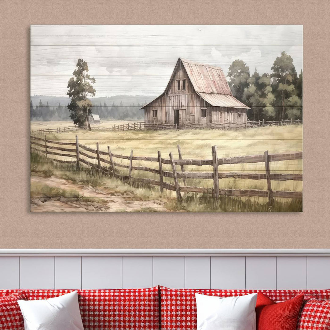 Rustic Farmhouse Canvas Wall Art - Country Landscape with Weathered Barn and Fence, 3 Panel Farmhouse Decor for Living Room, Bedroom, or Office