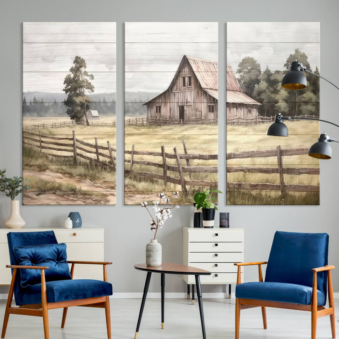 Rustic Farmhouse Canvas Wall Art - Country Landscape with Weathered Barn and Fence, 3 Panel Farmhouse Decor for Living Room, Bedroom, or Office