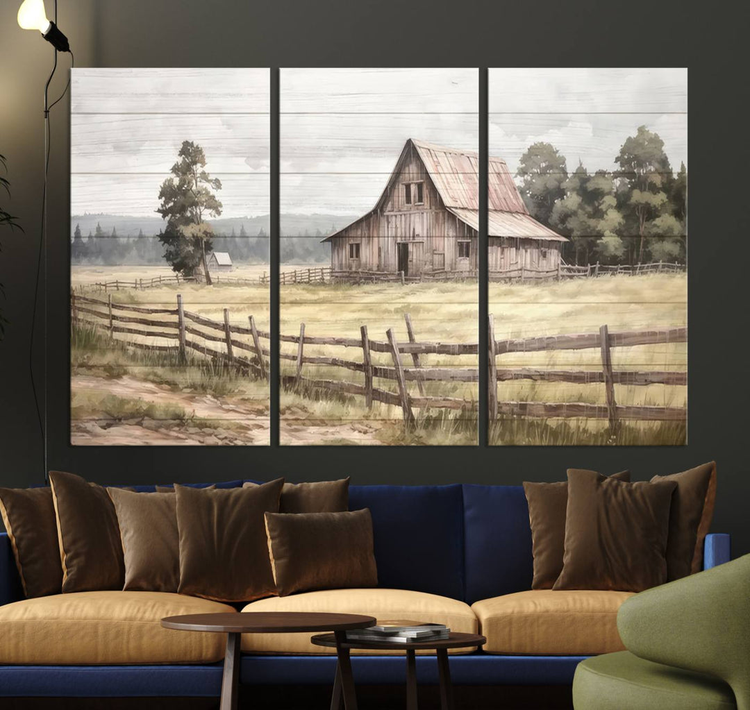 Rustic Farmhouse Canvas Wall Art - Country Landscape with Weathered Barn and Fence, 3 Panel Farmhouse Decor for Living Room, Bedroom, or Office