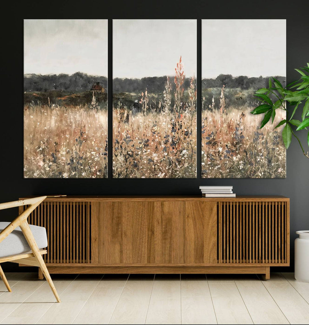 Rustic Meadow Canvas Wall Art - Serene 3 Panel Country Landscape with Wildflowers for Living Room, Bedroom, or Office, Ready to Hang Farmhouse Decor