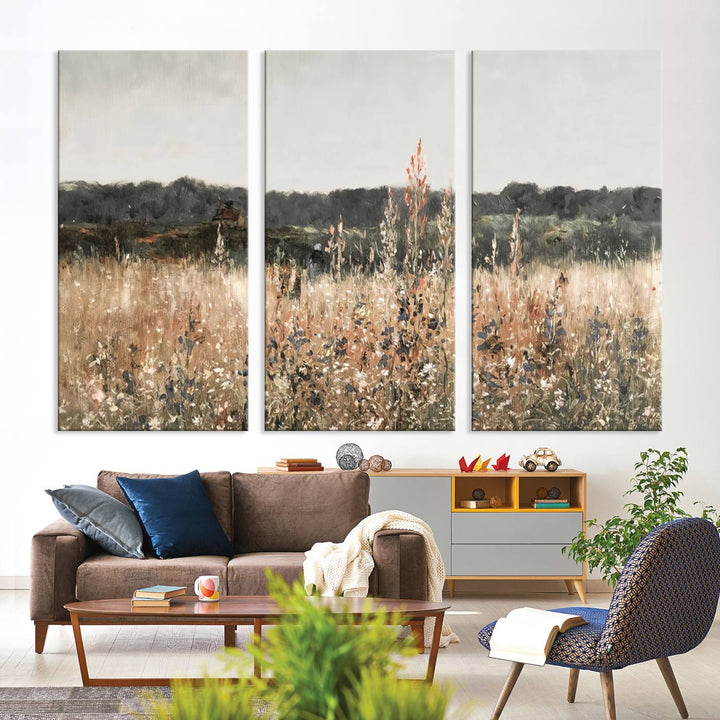 Rustic Meadow Canvas Wall Art - Serene 3 Panel Country Landscape with Wildflowers for Living Room, Bedroom, or Office, Ready to Hang Farmhouse Decor