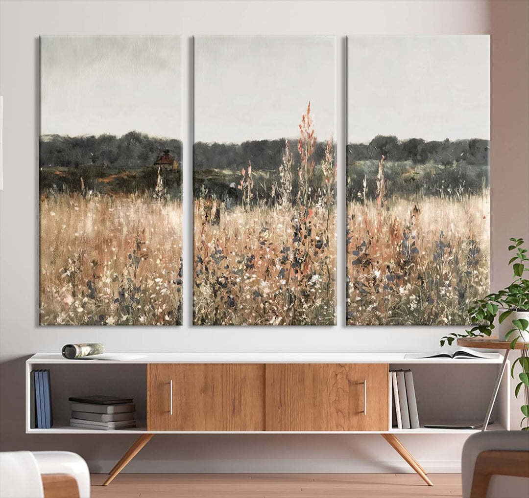 Rustic Meadow Canvas Wall Art - Serene 3 Panel Country Landscape with Wildflowers for Living Room, Bedroom, or Office, Ready to Hang Farmhouse Decor