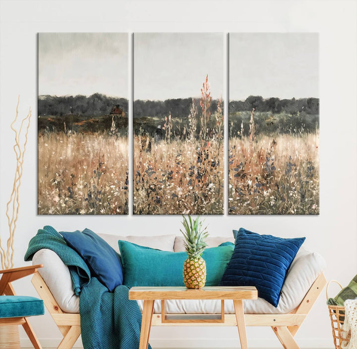 Rustic Meadow Canvas Wall Art - Serene 3 Panel Country Landscape with Wildflowers for Living Room, Bedroom, or Office, Ready to Hang Farmhouse Decor