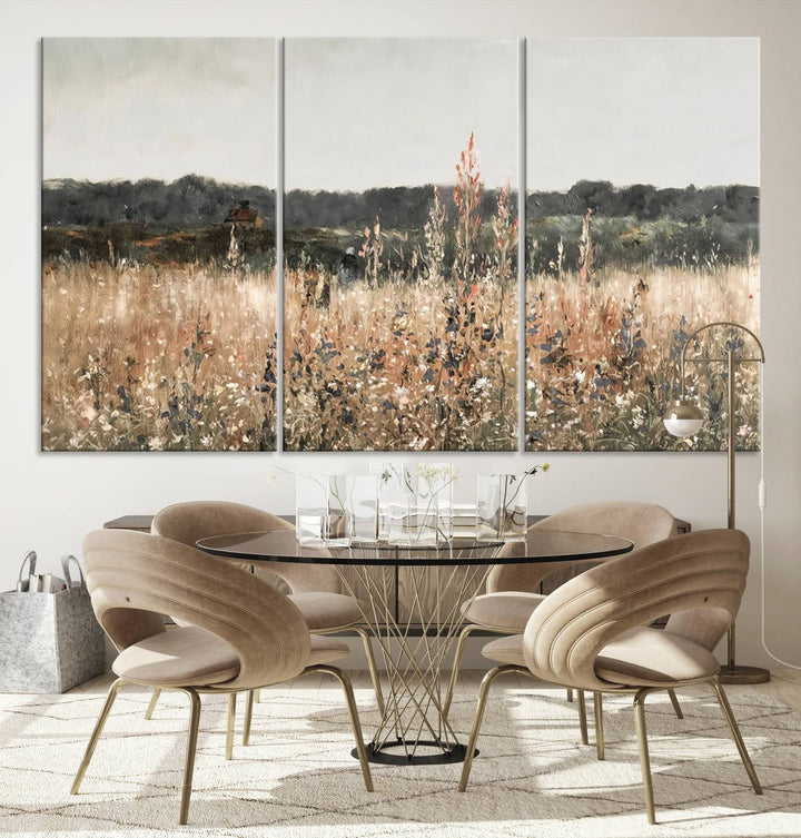 Rustic Meadow Canvas Wall Art - Serene 3 Panel Country Landscape with Wildflowers for Living Room, Bedroom, or Office, Ready to Hang Farmhouse Decor