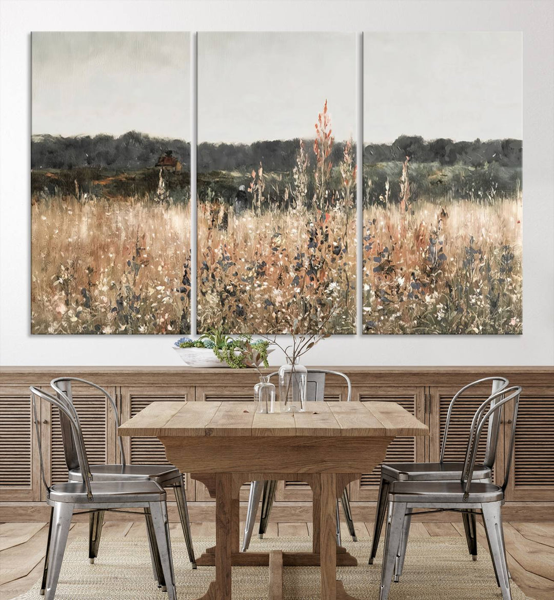 Rustic Meadow Canvas Wall Art - Serene 3 Panel Country Landscape with Wildflowers for Living Room, Bedroom, or Office, Ready to Hang Farmhouse Decor