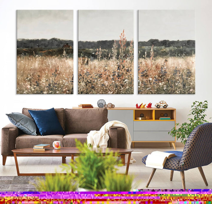 Rustic Meadow Canvas Wall Art - Serene 3 Panel Country Landscape with Wildflowers for Living Room, Bedroom, or Office, Ready to Hang Farmhouse Decor