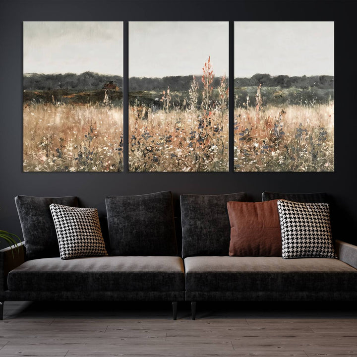 Rustic Meadow Canvas Wall Art - Serene 3 Panel Country Landscape with Wildflowers for Living Room, Bedroom, or Office, Ready to Hang Farmhouse Decor