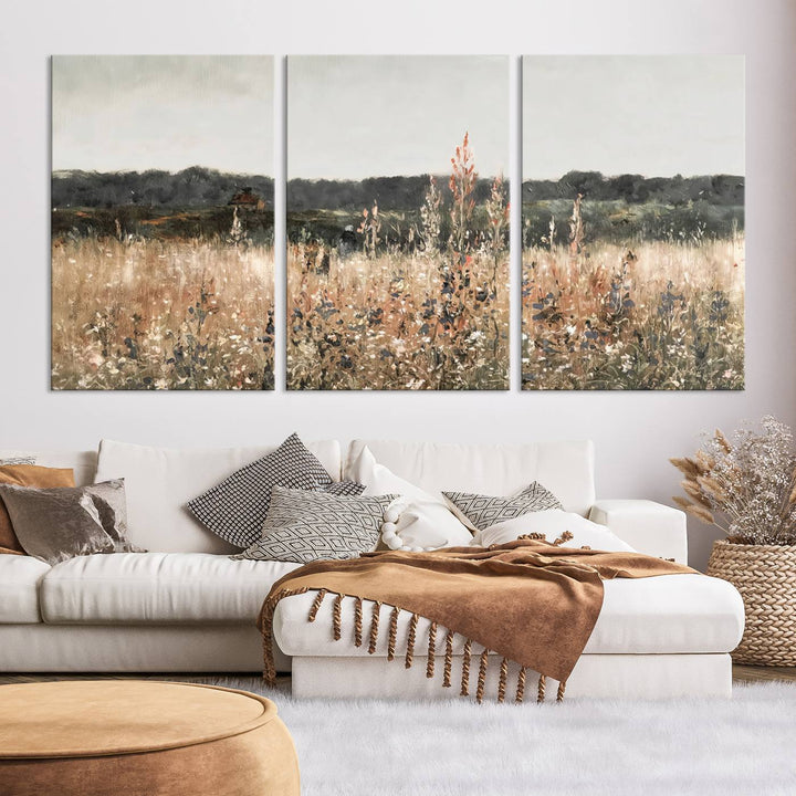 Rustic Meadow Canvas Wall Art - Serene 3 Panel Country Landscape with Wildflowers for Living Room, Bedroom, or Office, Ready to Hang Farmhouse Decor