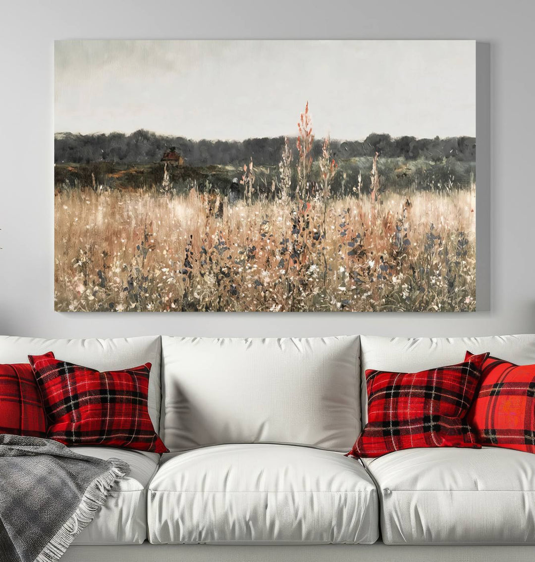 Rustic Meadow Canvas Wall Art - Serene 3 Panel Country Landscape with Wildflowers for Living Room, Bedroom, or Office, Ready to Hang Farmhouse Decor