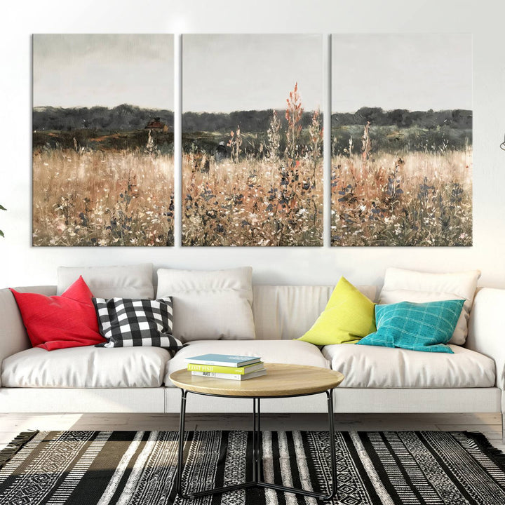 Rustic Meadow Canvas Wall Art - Serene 3 Panel Country Landscape with Wildflowers for Living Room, Bedroom, or Office, Ready to Hang Farmhouse Decor