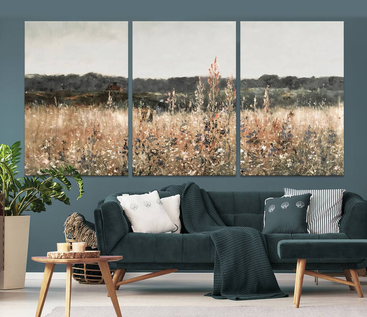 Rustic Meadow Canvas Wall Art - Serene 3 Panel Country Landscape with Wildflowers for Living Room, Bedroom, or Office, Ready to Hang Farmhouse Decor