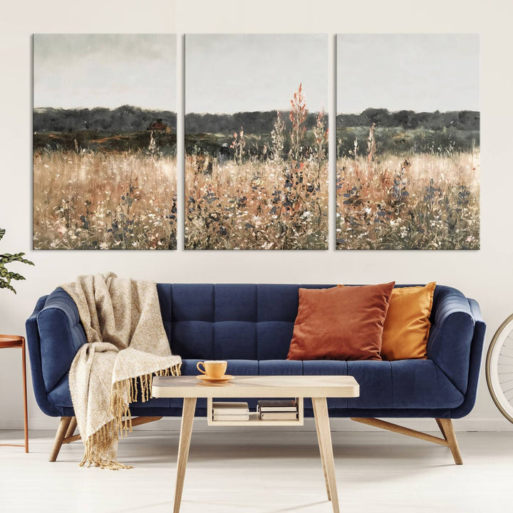 Rustic Meadow Canvas Wall Art - Serene 3 Panel Country Landscape with Wildflowers for Living Room, Bedroom, or Office, Ready to Hang Farmhouse Decor