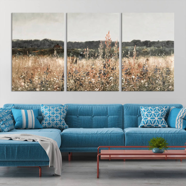 Rustic Meadow Canvas Wall Art - Serene 3 Panel Country Landscape with Wildflowers for Living Room, Bedroom, or Office, Ready to Hang Farmhouse Decor