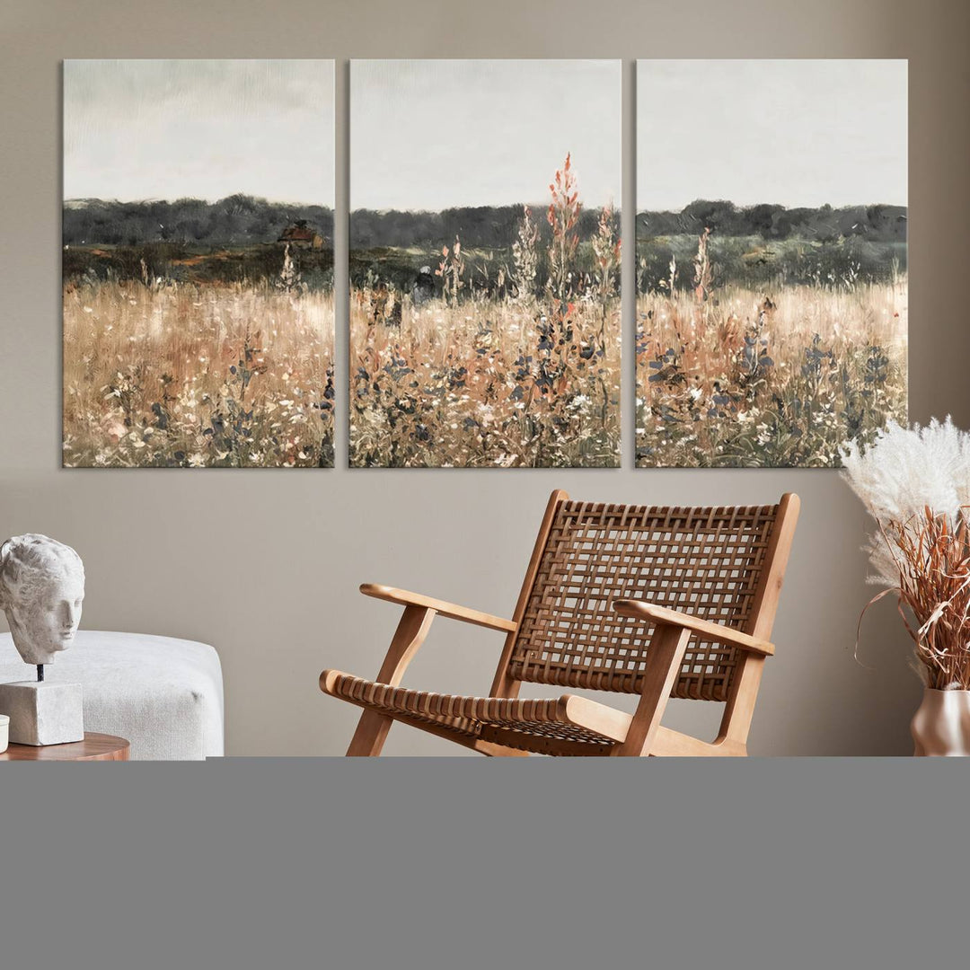 Rustic Meadow Canvas Wall Art - Serene 3 Panel Country Landscape with Wildflowers for Living Room, Bedroom, or Office, Ready to Hang Farmhouse Decor