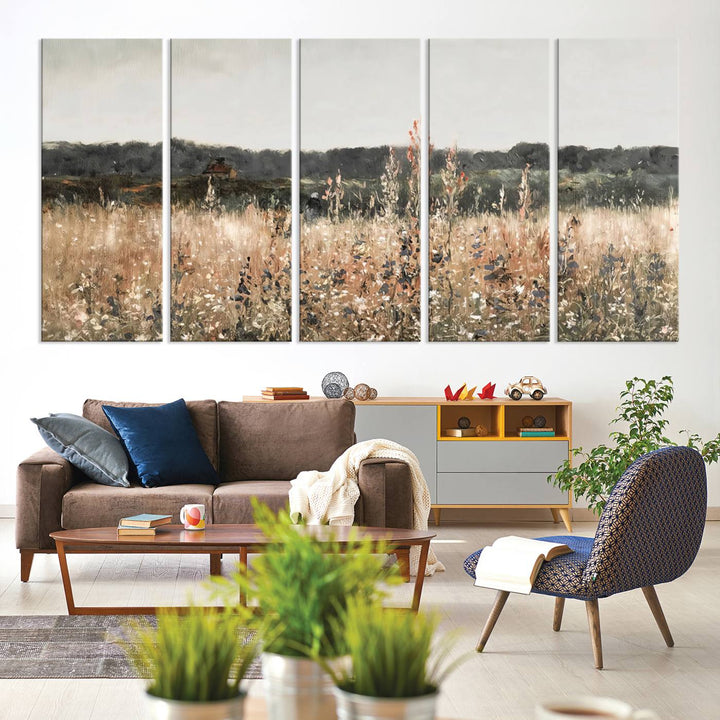 Rustic Meadow Canvas Wall Art - Serene 3 Panel Country Landscape with Wildflowers for Living Room, Bedroom, or Office, Ready to Hang Farmhouse Decor