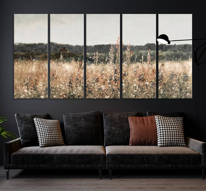 Rustic Meadow Canvas Wall Art - Serene 3 Panel Country Landscape with Wildflowers for Living Room, Bedroom, or Office, Ready to Hang Farmhouse Decor