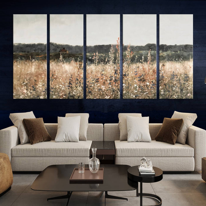 Rustic Meadow Canvas Wall Art - Serene 3 Panel Country Landscape with Wildflowers for Living Room, Bedroom, or Office, Ready to Hang Farmhouse Decor