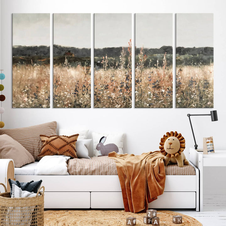 Rustic Meadow Canvas Wall Art - Serene 3 Panel Country Landscape with Wildflowers for Living Room, Bedroom, or Office, Ready to Hang Farmhouse Decor