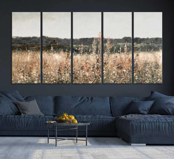 Rustic Meadow Canvas Wall Art - Serene 3 Panel Country Landscape with Wildflowers for Living Room, Bedroom, or Office, Ready to Hang Farmhouse Decor