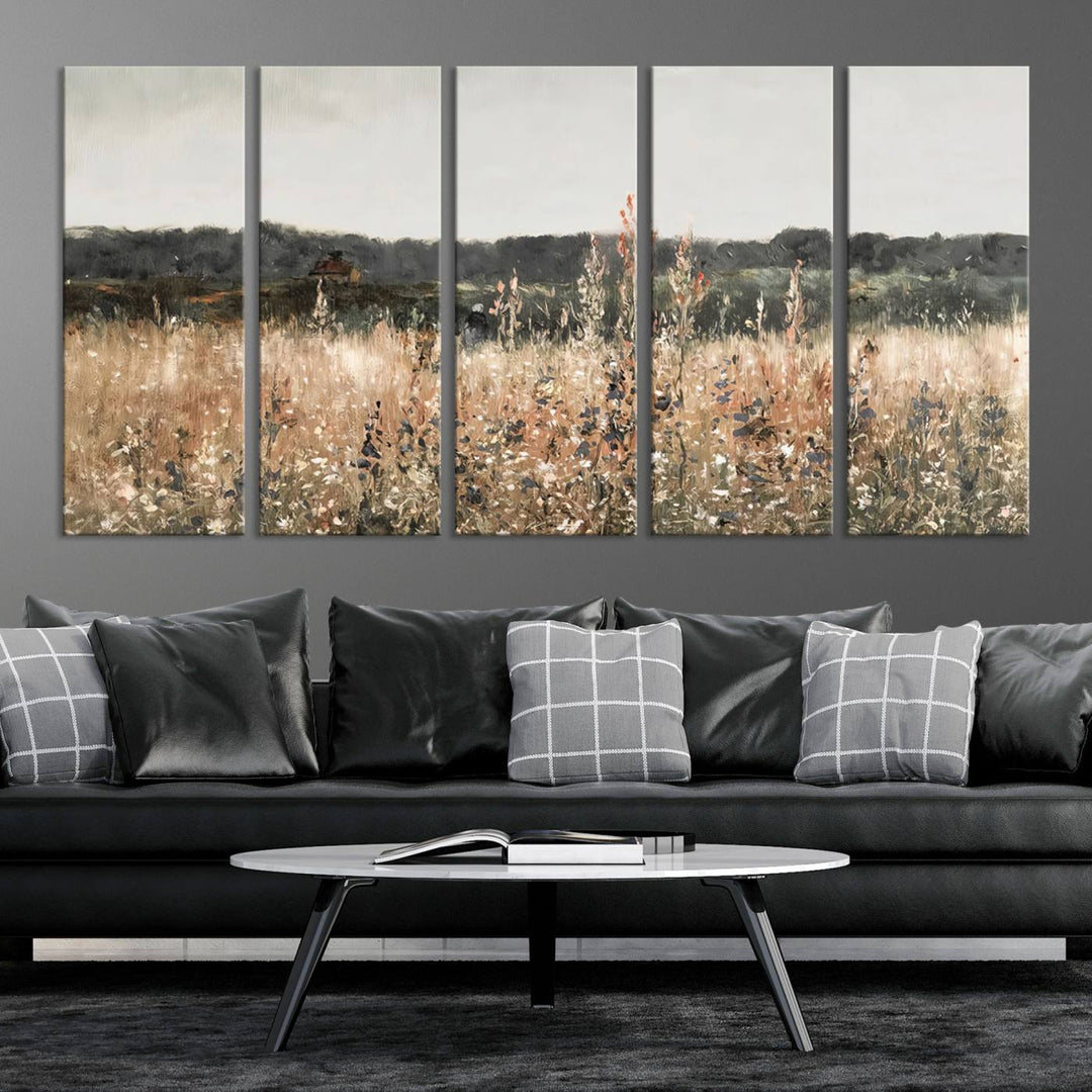 Rustic Meadow Canvas Wall Art - Serene 3 Panel Country Landscape with Wildflowers for Living Room, Bedroom, or Office, Ready to Hang Farmhouse Decor